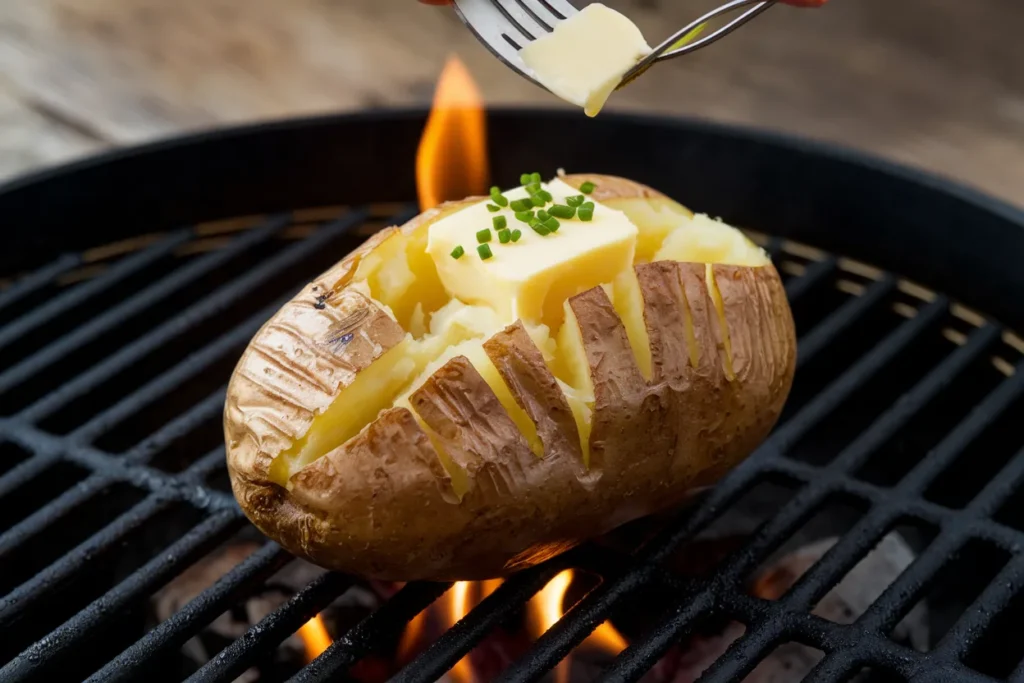 Baked potato on grill 18 : Crispy baked potato on the grill with butter and chives.