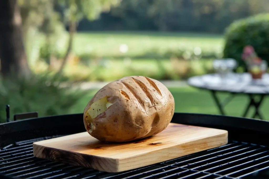 Baked potato on grill 16 : Crispy baked potato on the grill with butter and chives.