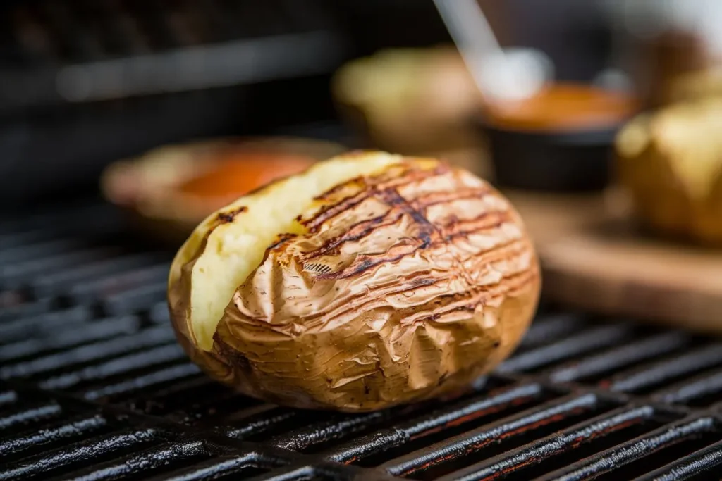Baked potato on grill 17 Grilled baked potatoes with and without foil on a charcoal grill.