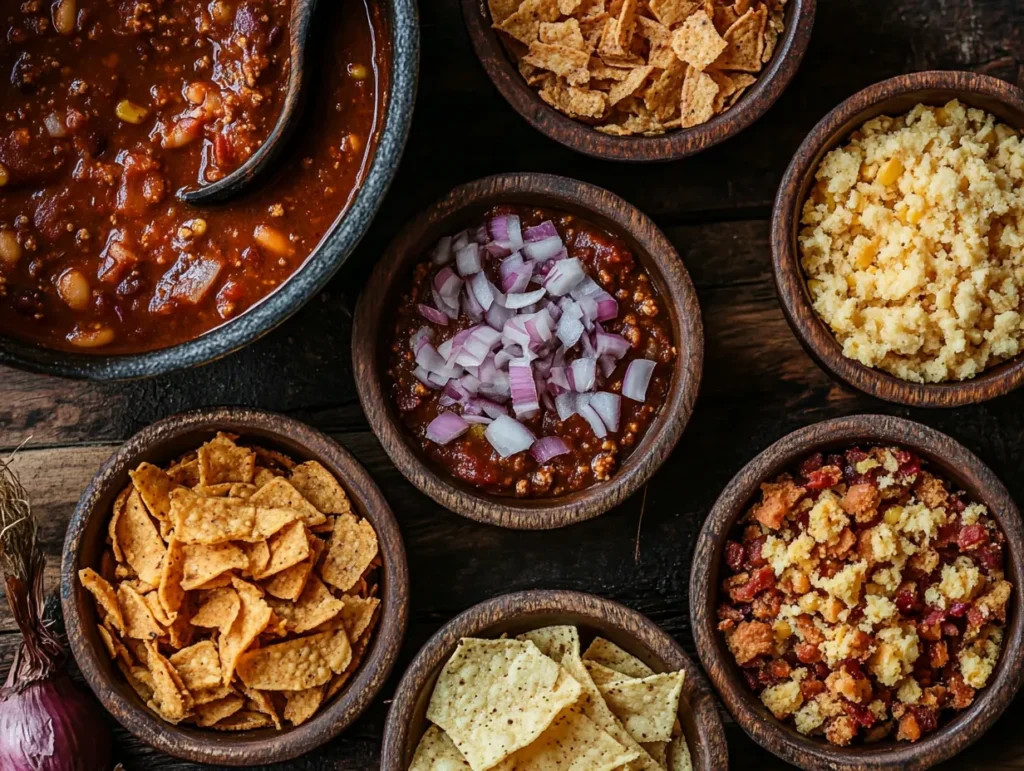 chili toppings 26 A variety of crunchy chili toppings like tortilla strips, cornbread crumbles,