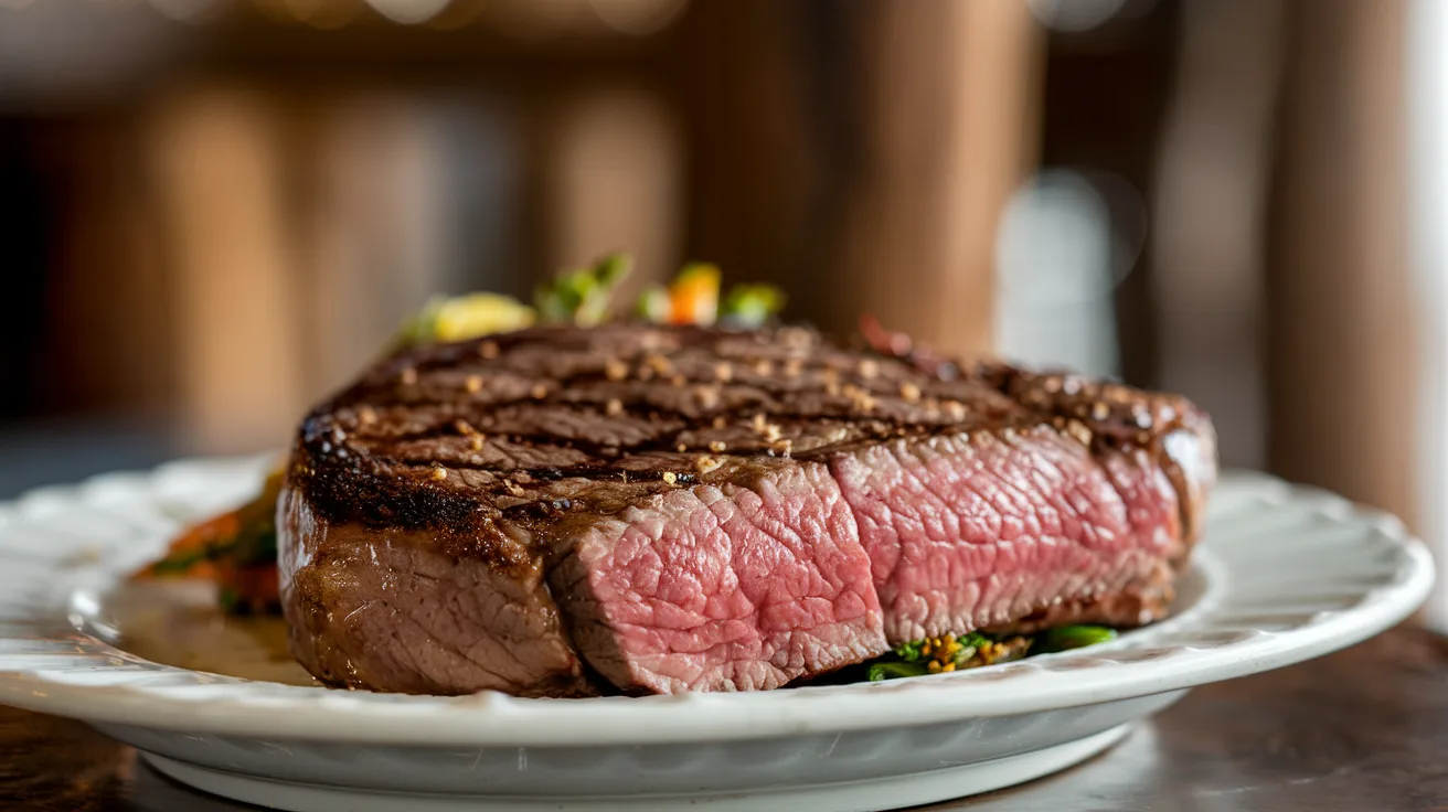 Juicy Well Done Steak With Grill Marks On A Wooden Board