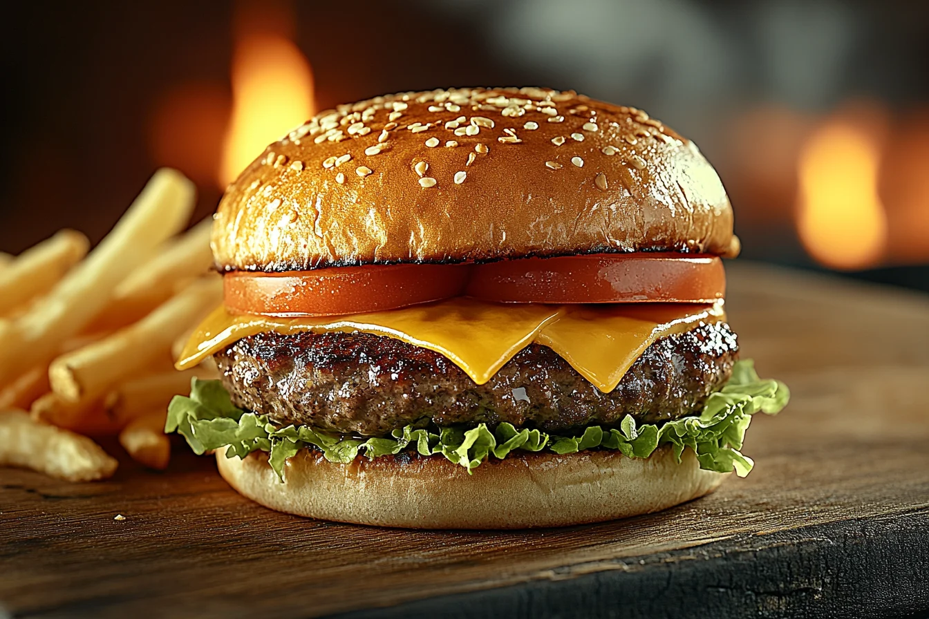 A close-up of a juicy medium rare burger with melted cheese, fresh toppings, and a toasted brioche bun, served with crispy fries.