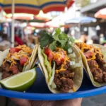 A bustling street taco stand in Mexico City at sunset.