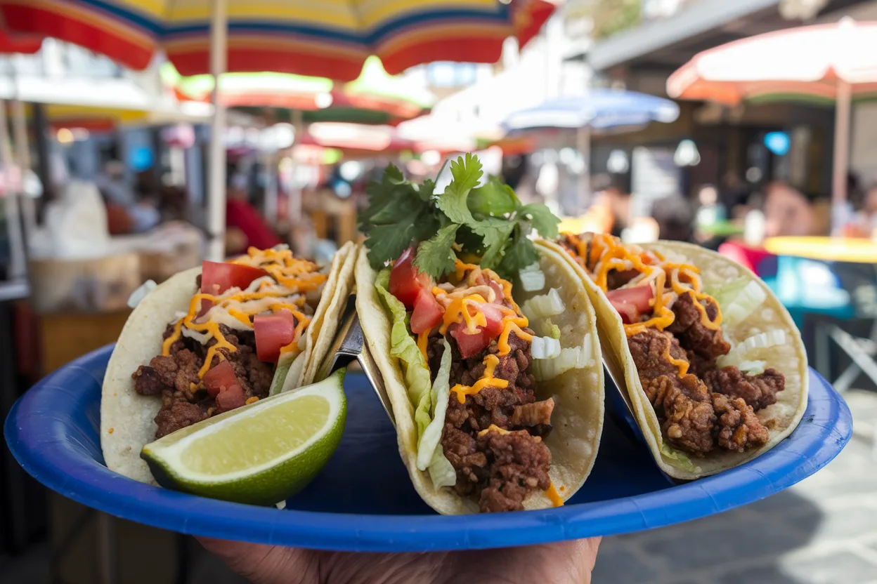 A bustling street taco stand in Mexico City at sunset.