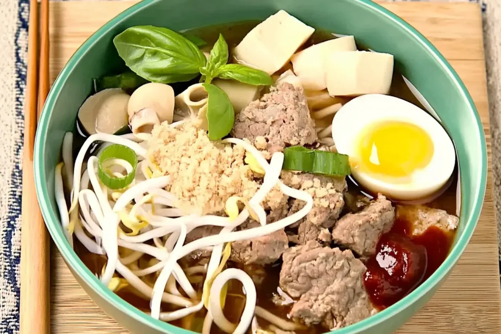 beef pho steakums 4 Ingredients for Lipton Onion Soup Meatloaf arranged on a wooden board.
