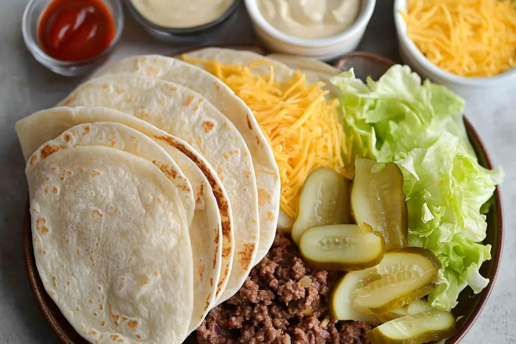 Big Mac Wraps Recipe - Easy & Delicious Cheeseburger Wraps 4 Crispy toasted Big Mac Wraps stacked on a plate with a bowl of sauce
