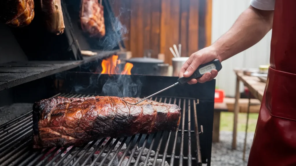 Meat thermometer inserted into a smoked brisket showing 200°F