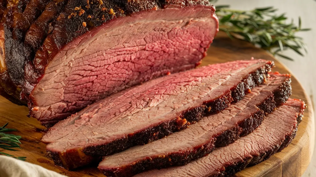 Smoked brisket resting on a board with a thermometer at 203°F