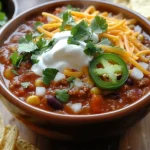 A delicious bowl of homemade chili topped with cheese, sour cream, jalapeños, and fresh cilantro.