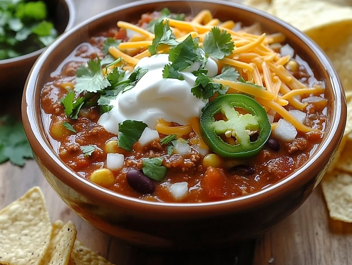 A delicious bowl of homemade chili topped with cheese, sour cream, jalapeños, and fresh cilantro.