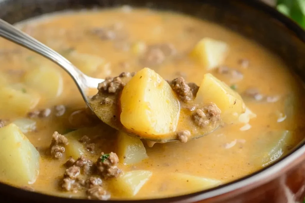 Crockpot creamy potato and hamburger soup 4 A serving of creamy potato and hamburger soup with bread