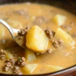 Crockpot creamy potato and hamburger soup 5 A serving of creamy potato and hamburger soup with bread