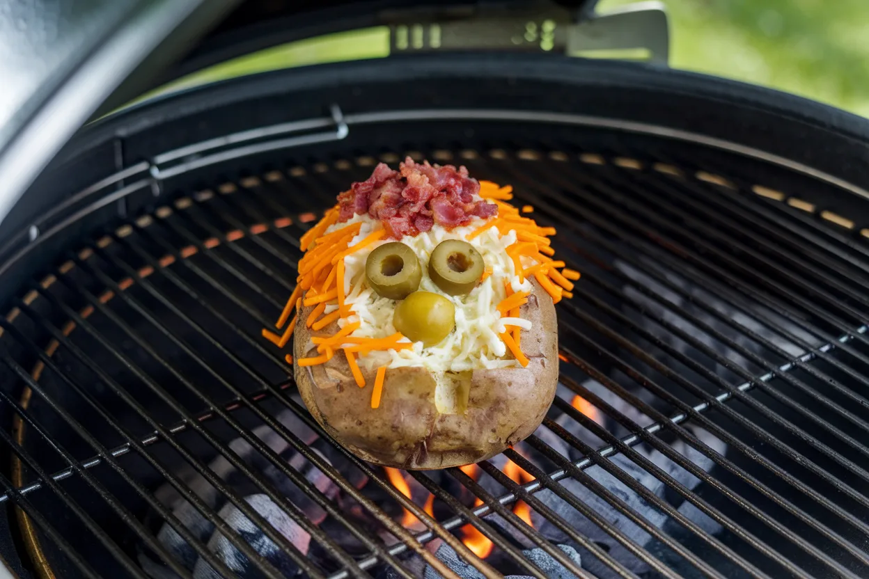 Crispy grilled baked potato with butter and chives on a BBQ grill.