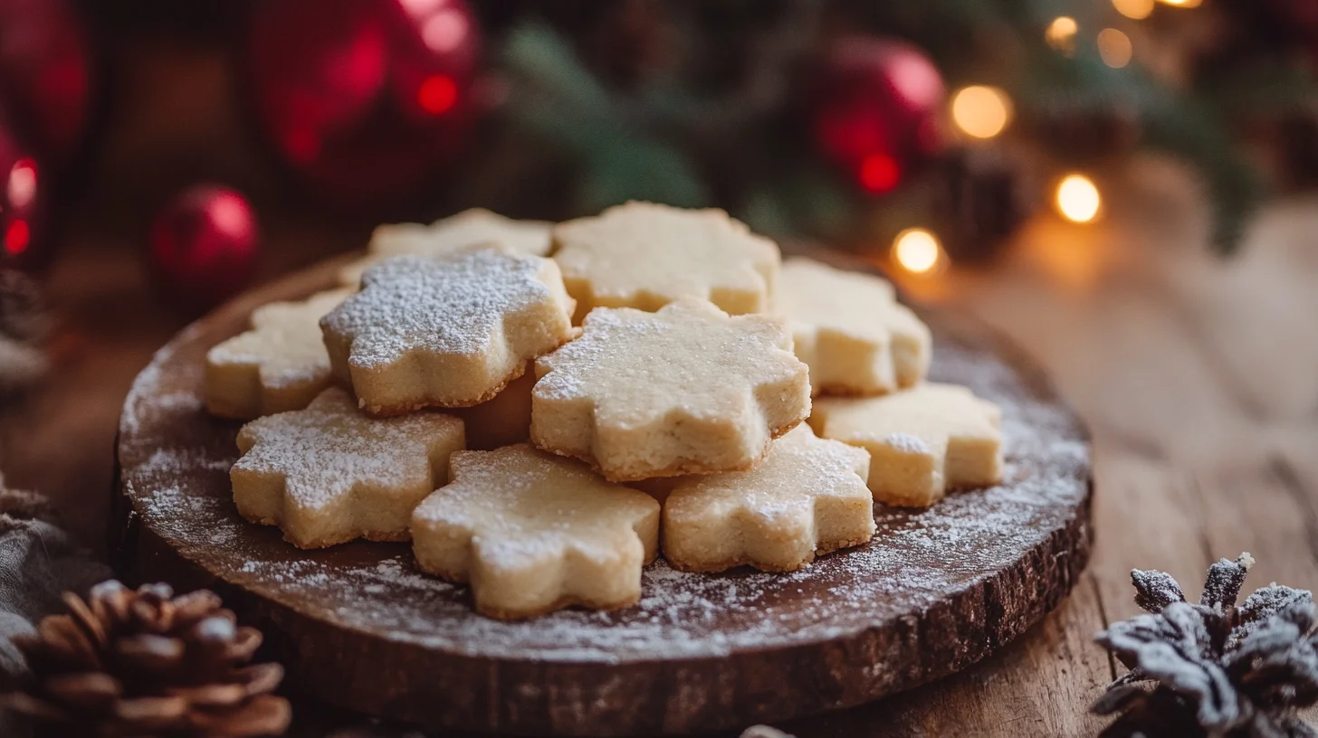 A plate of buttery, melt-in-your-mouth Scottish shortbread made with cornstarch, served on a rustic wooden table with a tartan cloth.