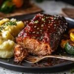 Juicy smoked meatloaf sliced on a wooden cutting board with BBQ glaze.