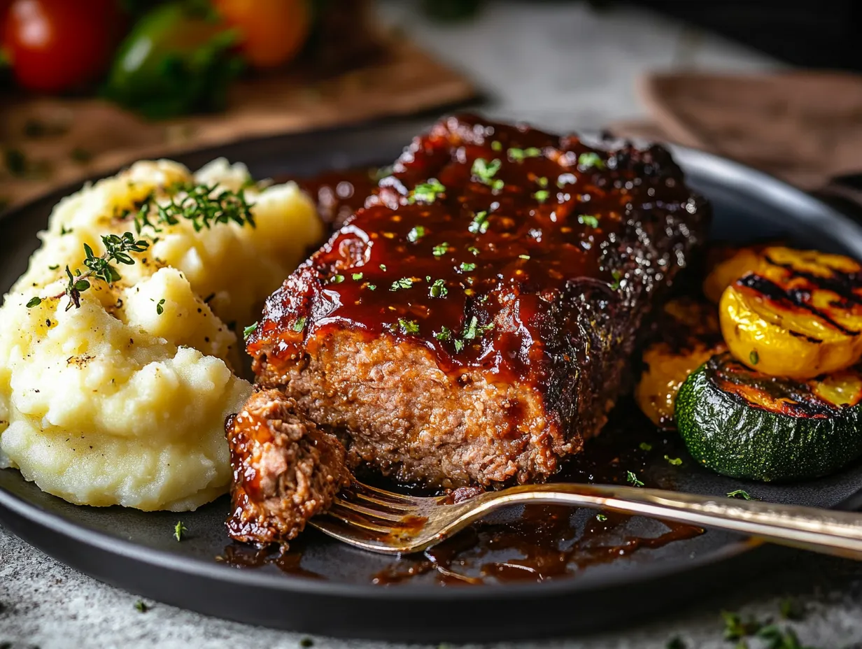 Juicy smoked meatloaf sliced on a wooden cutting board with BBQ glaze.